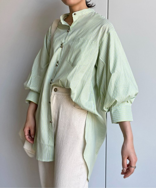 CPCM（シーピーシーエム）の「Wボタンストライプ袖ボリュームブラウス（シャツ/ブラウス・レディース・ネイビー/オレンジ/サックスブルー/グリーン・FREE）」の14枚目の写真