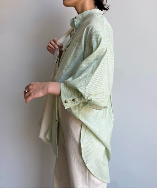 CPCM（シーピーシーエム）の「Wボタンストライプ袖ボリュームブラウス（シャツ/ブラウス・レディース・ネイビー/オレンジ/サックスブルー/グリーン・FREE）」の15枚目の写真