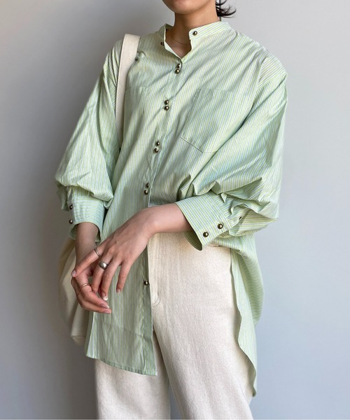 CPCM（シーピーシーエム）の「Wボタンストライプ袖ボリュームブラウス（シャツ/ブラウス・レディース・ネイビー/オレンジ/サックスブルー/グリーン・FREE）」の5枚目の写真