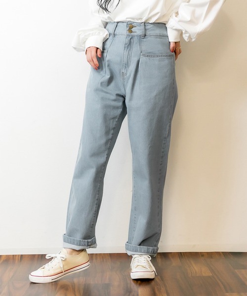 atONE（アットワン）の「atONE ウエストタックハイウエストセミワイドパンツ（デニムパンツ・レディース・ブルー/ネイビー/ダークインディゴブルー/サックスブルー系・LL/L/3L/4L/M）」の4枚目の写真