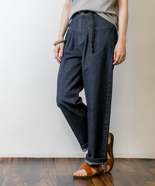 atONE（アットワン）の「atONE ウエストタックハイウエストセミワイドパンツ（デニムパンツ・レディース・ブルー/ネイビー/ダークインディゴブルー/サックスブルー系・LL/L/3L/4L/M）」の22枚目の写真