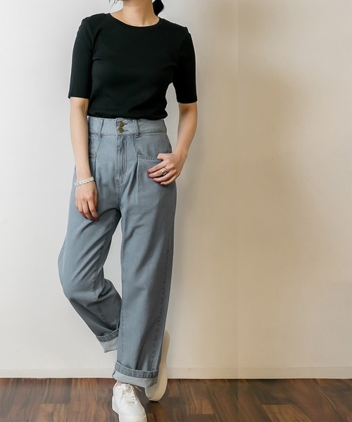 atONE（アットワン）の「atONE ウエストタックハイウエストセミワイドパンツ（デニムパンツ・レディース・ブルー/ネイビー/ダークインディゴブルー/サックスブルー系・LL/L/3L/4L/M）」の6枚目の写真