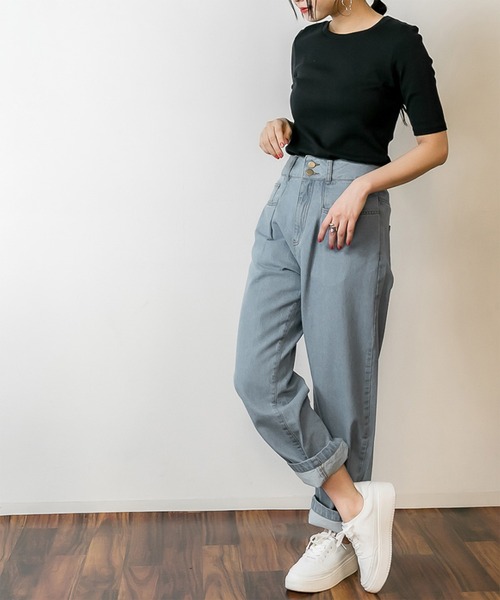 atONE（アットワン）の「atONE ウエストタックハイウエストセミワイドパンツ（デニムパンツ・レディース・ブルー/ネイビー/ダークインディゴブルー/サックスブルー系・LL/L/3L/4L/M）」の7枚目の写真