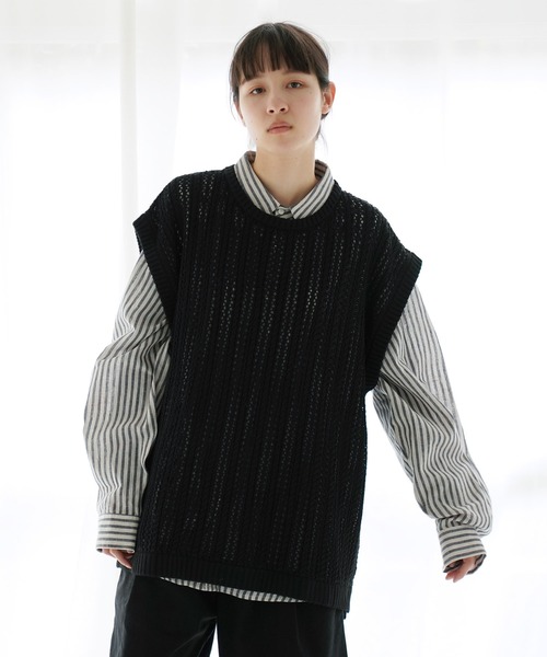 Air Tokyo（エアートウキョー）の「オーバーサイズ 透かし編み クルーネック ニットベスト <セレクトアイテム>（ベスト・メンズ・ブラック/ベージュ・LARGE/X-LARGE）」の16枚目の写真