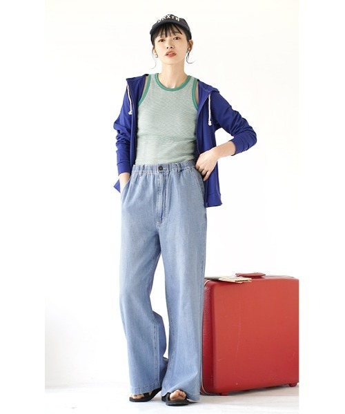 e-zakkamania stores（イーザッカマニアストアーズ）の「コットンリネンデニム ワイドパンツ（デニムパンツ・レディース・ブルー/ネイビー/スカイブルー/ホワイト・M/L）」の8枚目の写真