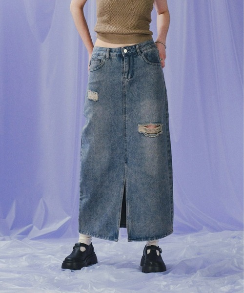 WHO'S WHO gallery(フーズフーギャラリー)の「クラッシュデニムロングスカート(デニムスカート・レディース・ブルー/ブラック・FREE)」の6枚目の写真