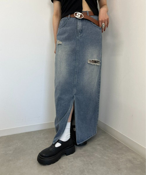 WHO'S WHO gallery(フーズフーギャラリー)の「クラッシュデニムロングスカート(デニムスカート・レディース・ブルー/ブラック・FREE)」の10枚目の写真