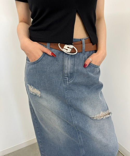 WHO'S WHO gallery(フーズフーギャラリー)の「クラッシュデニムロングスカート(デニムスカート・レディース・ブルー/ブラック・FREE)」の12枚目の写真