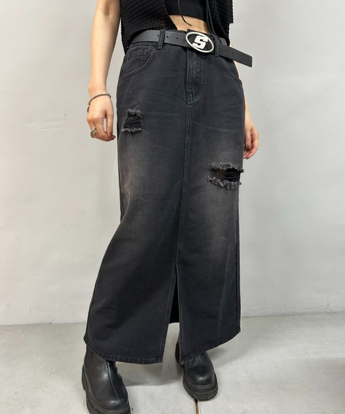 WHO'S WHO gallery(フーズフーギャラリー)の「クラッシュデニムロングスカート(デニムスカート・レディース・ブルー/ブラック・FREE)」の15枚目の写真