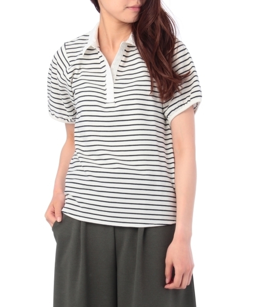 grove（グローブ）の「レース衿ボーダーポロ（ポロシャツ・レディース・グリーン/ブルー/ホワイト/グレー・03/02）」の2枚目の写真
