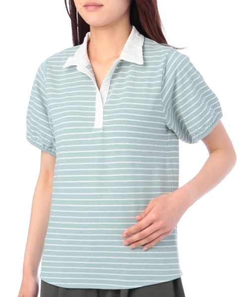 grove（グローブ）の「レース衿ボーダーポロ（ポロシャツ・レディース・グリーン/ブルー/ホワイト/グレー・03/02）」の7枚目の写真