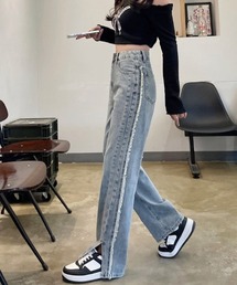 サイドフリンジスリットパンツ ライン入りデニムパンツ