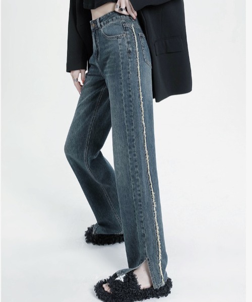 新品タグ付き【AUBREY】フリンジサイドラインデニムパンツ セール】サイドフリンジスリットパンツ ライン入りデニムパンツ