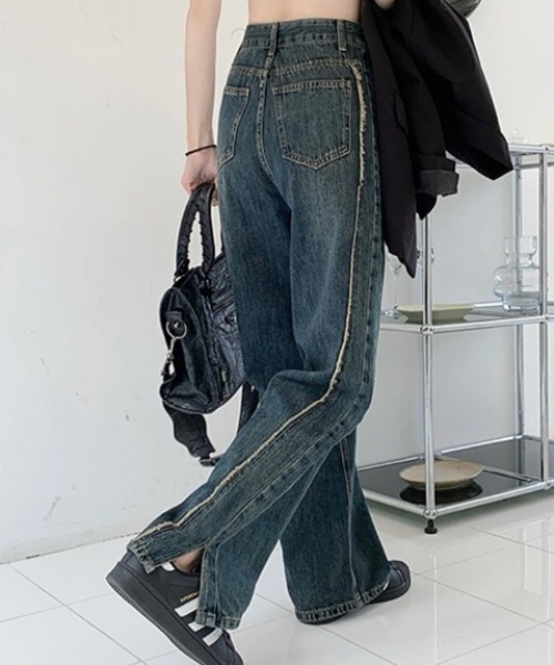 新品タグ付き【AUBREY】フリンジサイドラインデニムパンツ セール】サイドフリンジスリットパンツ ライン入りデニムパンツ