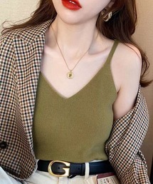 Vネックリブ編みニットタンクトップ キャミソール