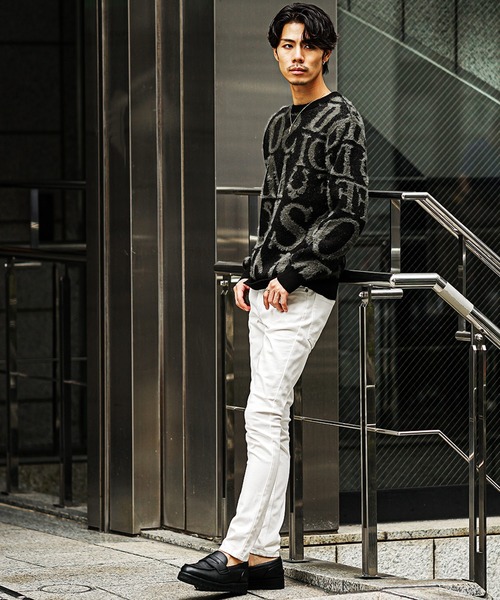 SOMEDIFF（サムディフ）の「フェザーヤーン総柄ニット ルーズシルエット シャギーニットセーター メンズ 春服（ニット/セーター・メンズ・ネイビー/ホワイト/ブラック・M/L/XL）」の8枚目の写真