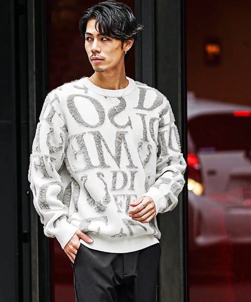 SOMEDIFF（サムディフ）の「フェザーヤーン総柄ニット ルーズシルエット シャギーニットセーター メンズ 春服（ニット/セーター・メンズ・ネイビー/ホワイト/ブラック・M/L/XL）」の10枚目の写真