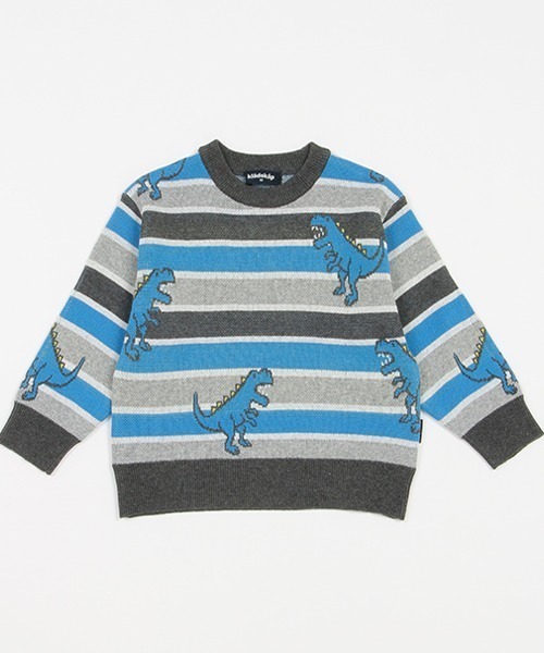 クレードスコープ 恐竜×ボーダーニットプルオーバー　110 セール恐竜×ボーダーニットプルオーバー（スウェット）｜kladskap