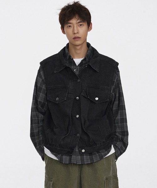 Ressaca（レサーカ）の「デニムジャケットワークベスト オーバーサイズ（ベスト・メンズ・ブルー/ブラック・M/L/XL）」の2枚目の写真