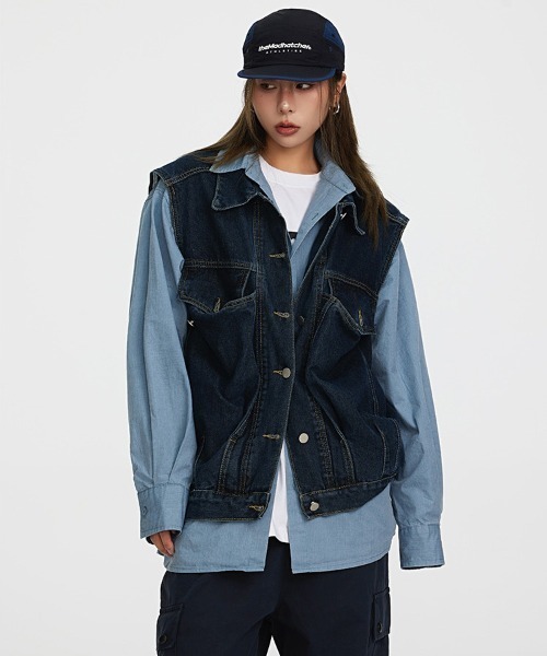 Ressaca（レサーカ）の「デニムジャケットワークベスト オーバーサイズ（ベスト・メンズ・ブルー/ブラック・M/L/XL）」の3枚目の写真