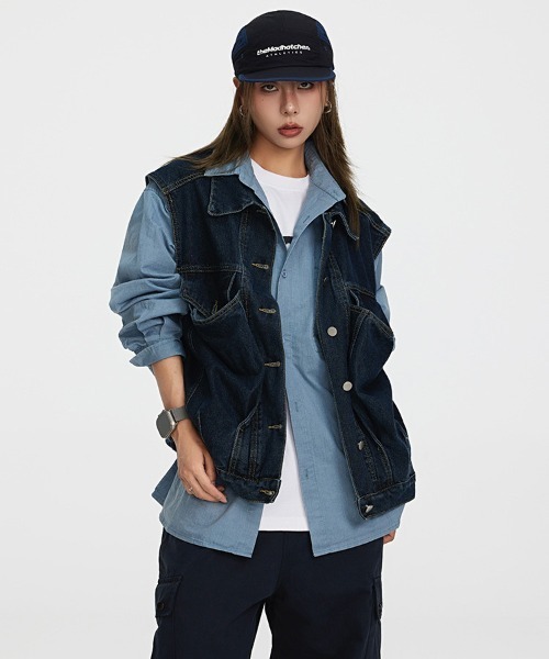 Ressaca（レサーカ）の「デニムジャケットワークベスト オーバーサイズ（ベスト・メンズ・ブルー/ブラック・M/L/XL）」の4枚目の写真