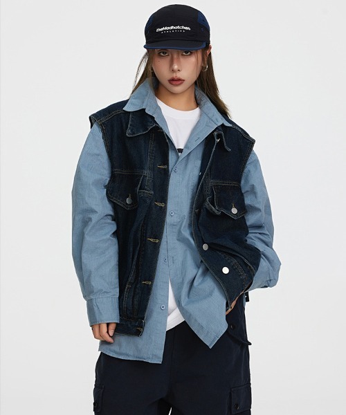 Ressaca（レサーカ）の「デニムジャケットワークベスト オーバーサイズ（ベスト・メンズ・ブルー/ブラック・M/L/XL）」の6枚目の写真