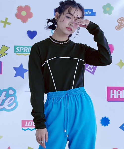 miette(ミエット)の「配色ラインデザインニットトップス(ニット/セーター・レディース・ピンク/ライトブルー/ブラック・FREE)」の2枚目の写真