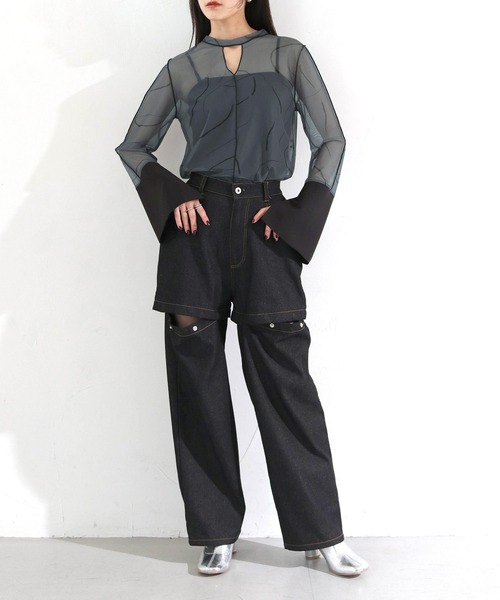 cheriella（シェリエラ）の「【cheriella】WEB限定前後2WAY袖切替マーブルシアートップス WEB LIMITED 2-WAY MARBLE SHEER TOPS WITH CONTRAST SLEEVES（Tシャツ/カットソー・レディース・ブルーグリーン/ネイビー/チャコールグレー/ブラック/ベージュ・M）」の16枚目の写真