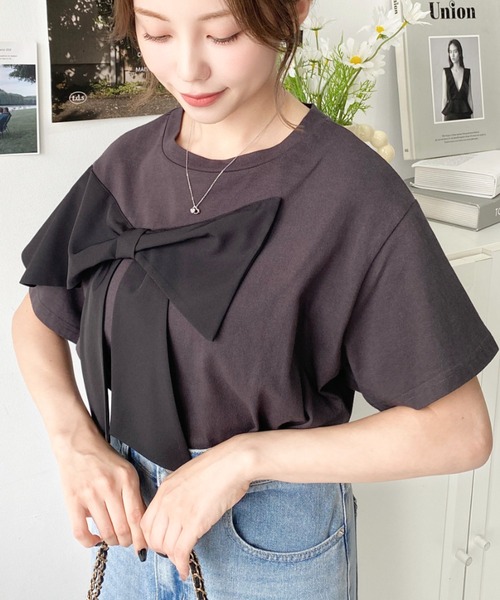 セール】綿100%BIGリボンディテールカットソー（Tシャツ