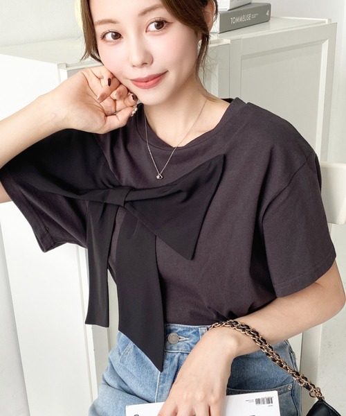 黒　リボン　裾切りっぱなし　半袖シャツ Amazon | [モリノー] tシャツ レディース メンズ 半袖 無地