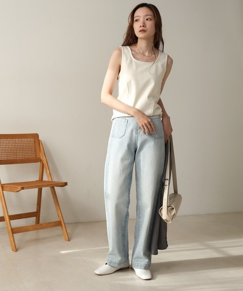 Bab（バブ）の「【S・M 展開】スクエアネックタックデザインタンクトップ（タンクトップ・レディース・ベージュ/アイボリー/ブラック・S/M）」の5枚目の写真