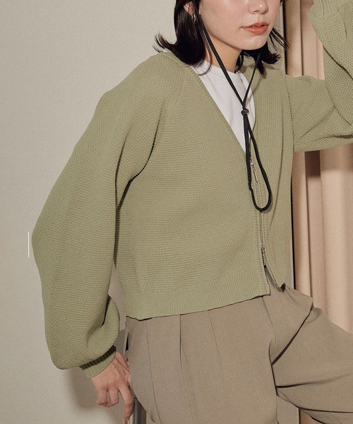 ECRIRE（エクリール）の「フロントＷジップショートカーディガン（ニット/セーター・レディース・グリーン/ブラック/オフホワイト・M）」の3枚目の写真