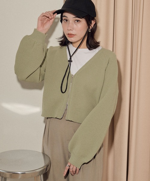 ECRIRE（エクリール）の「フロントＷジップショートカーディガン（ニット/セーター・レディース・グリーン/ブラック/オフホワイト・M）」の21枚目の写真