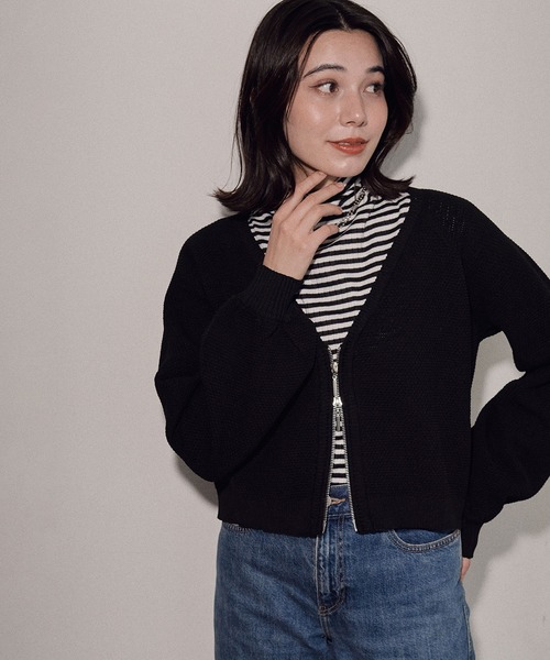 ECRIRE（エクリール）の「フロントＷジップショートカーディガン（ニット/セーター・レディース・グリーン/ブラック/オフホワイト・M）」の12枚目の写真