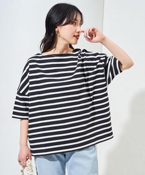 FREAK'S STORE（フリークスストア）の「限定展開　ボートネック バスクボーダー 半袖 Tシャツ（Tシャツ/カットソー・レディース・チャコールグレー/オフホワイト/その他15/ブラック/ブルー/レッド/グリーン/その他13/ベージュ/ネイビー・ﾌﾘ-）」の10枚目の写真
