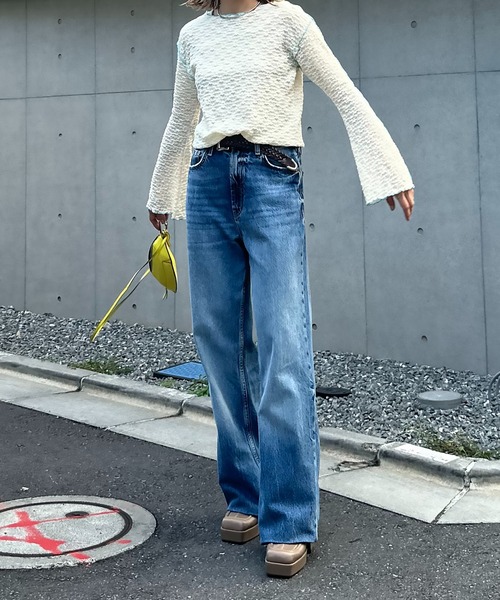 フラワーレースジャガード メロー配色トップス（Tシャツ