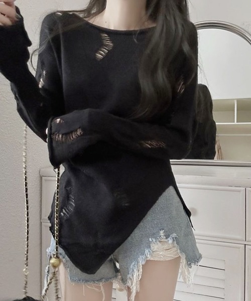 Chick(チック)の「▲Damage Knit / ダメージニット(Tシャツ/カットソー・レディース・ブラック・M/L/XL)」の1枚目の写真
