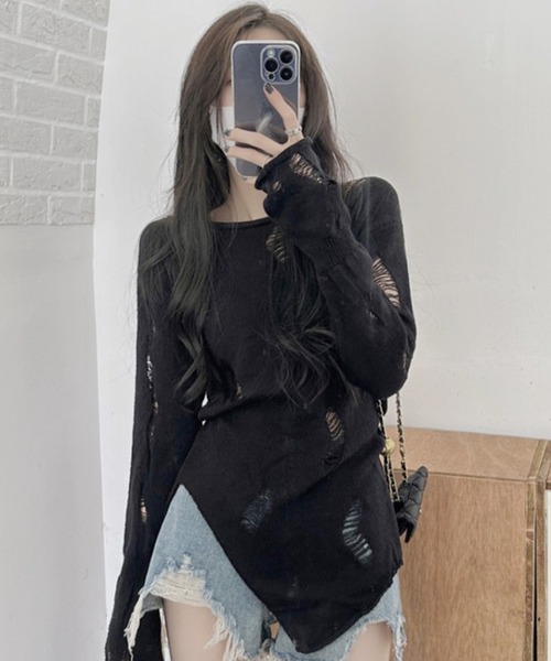 Chick(チック)の「▲Damage Knit / ダメージニット(Tシャツ/カットソー・レディース・ブラック・M/L/XL)」の9枚目の写真