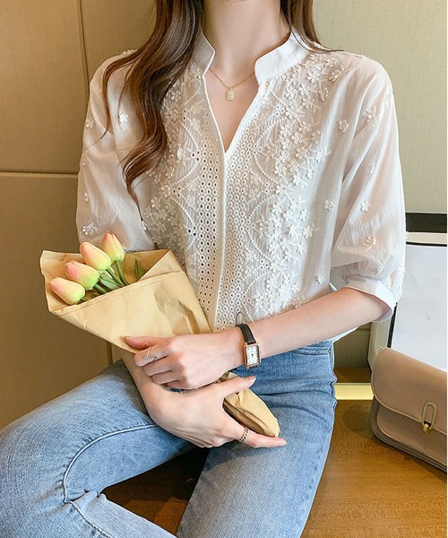 BLANC FICELLE(ブランフィセル)の「ヘンリーネック シシュウ シャツ(シャツ/ブラウス・レディース・ホワイト・S/M/L)」の10枚目の写真