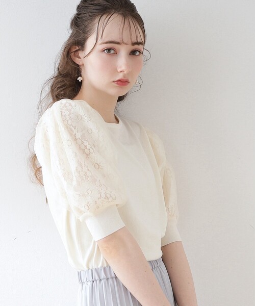 couture brooch(クチュールブローチ)の「◆【接触冷感/UVケア/洗える】オーガンレース袖ニット(ニット/セーター・レディース・アイボリー/ブラック/ライトグレー/ベージュ・36/38/42)」の15枚目の写真