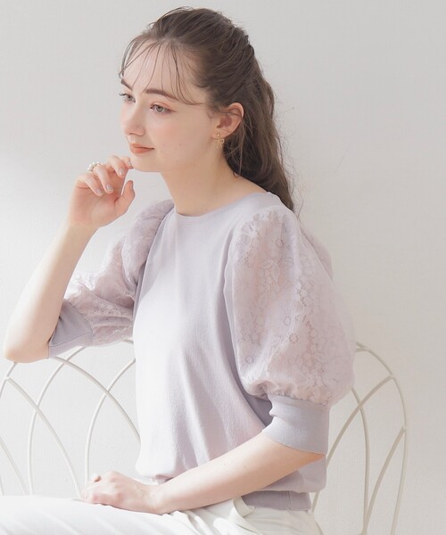 couture brooch(クチュールブローチ)の「◆【接触冷感/UVケア/洗える】オーガンレース袖ニット(ニット/セーター・レディース・アイボリー/ブラック/ライトグレー/ベージュ・36/38/42)」の4枚目の写真