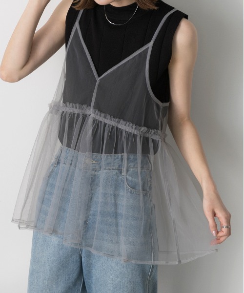 ad thie（アドティエ）の「前後2WAY チュールフレアビスチェ（キャミソール・レディース・ブラック/アイボリー/ライトグレー・FREE）」の2枚目の写真