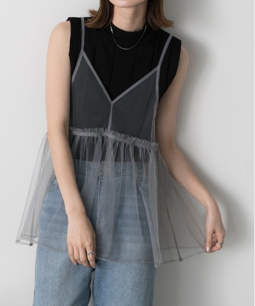 ad thie（アドティエ）の「前後2WAY チュールフレアビスチェ（キャミソール・レディース・ブラック/アイボリー/ライトグレー・FREE）」の6枚目の写真