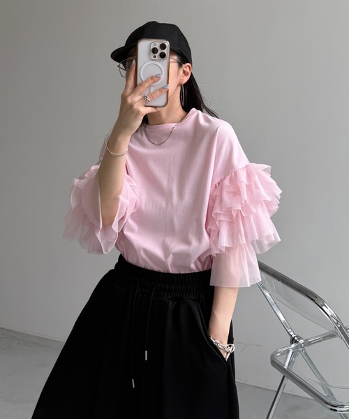 wee9s(ウィークス)の「cheer frill tee / ドッキングチュールチアーフリルティー(Tシャツ/カットソー・レディース・ブラック/アイボリー/レッド/ベビーピンク・SHORT/FREE)」の3枚目の写真