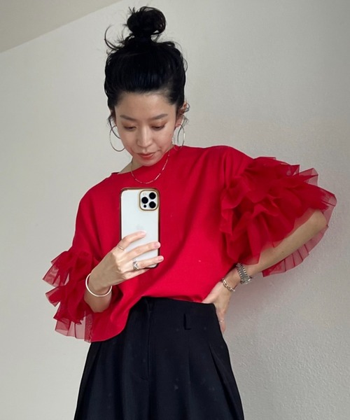 wee9s(ウィークス)の「cheer frill tee / ドッキングチュールチアーフリルティー(Tシャツ/カットソー・レディース・ブラック/アイボリー/レッド/ベビーピンク・SHORT/FREE)」の4枚目の写真