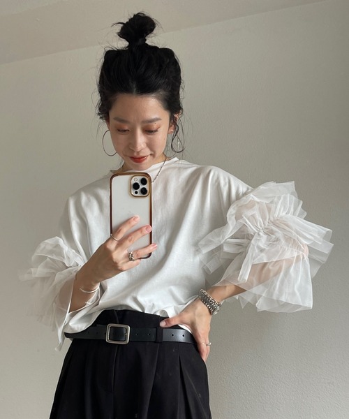 wee9s(ウィークス)の「cheer frill tee / ドッキングチュールチアーフリルティー(Tシャツ/カットソー・レディース・ブラック/アイボリー/レッド/ベビーピンク・SHORT/FREE)」の1枚目の写真