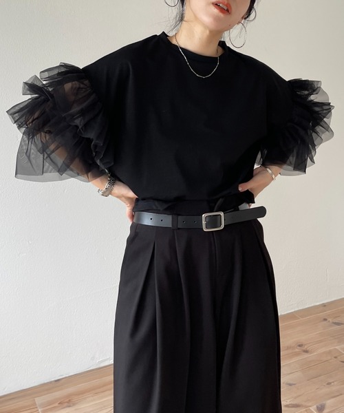 wee9s(ウィークス)の「cheer frill tee / ドッキングチュールチアーフリルティー(Tシャツ/カットソー・レディース・ブラック/アイボリー/レッド/ベビーピンク・SHORT/FREE)」の2枚目の写真