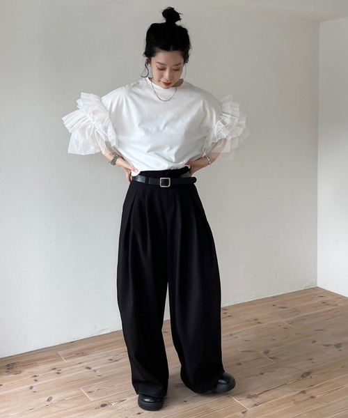 wee9s(ウィークス)の「cheer frill tee / ドッキングチュールチアーフリルティー(Tシャツ/カットソー・レディース・ブラック/アイボリー/レッド/ベビーピンク・SHORT/FREE)」の16枚目の写真