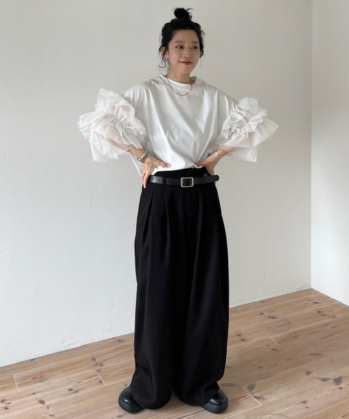 wee9s(ウィークス)の「cheer frill tee / ドッキングチュールチアーフリルティー(Tシャツ/カットソー・レディース・ブラック/アイボリー/レッド/ベビーピンク・SHORT/FREE)」の15枚目の写真