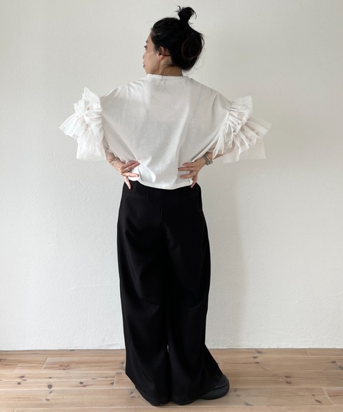 wee9s(ウィークス)の「cheer frill tee / ドッキングチュールチアーフリルティー(Tシャツ/カットソー・レディース・ブラック/アイボリー/レッド/ベビーピンク・SHORT/FREE)」の7枚目の写真